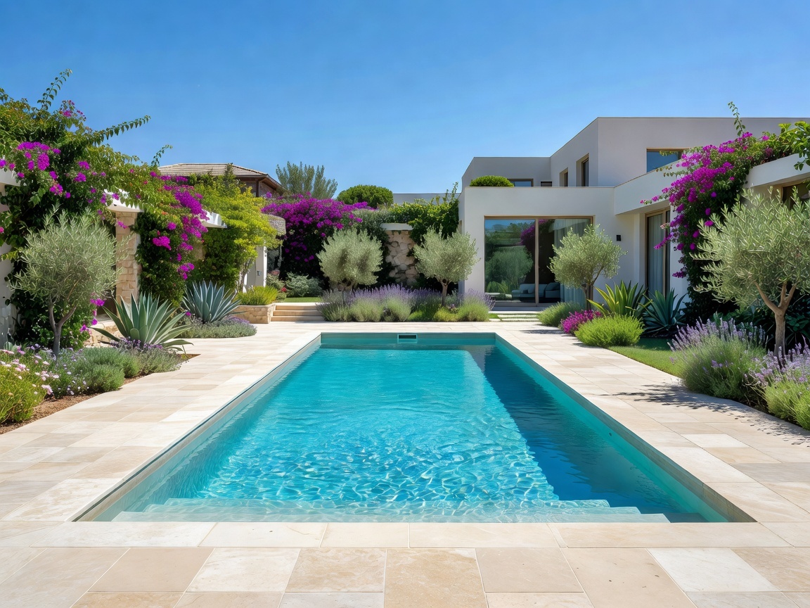 Swimming Pool in Cyprus: The Complete 2026 Guide to Costs, Building and Value 1 Rectangular swimming pool in a landscaped Cyprus garden with stone paving and Mediterranean planting