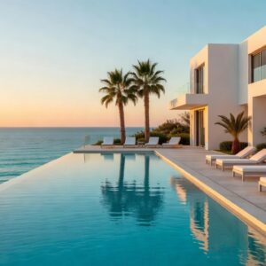 Modern Cyprus villa with an infinity swimming pool overlooking the Mediterranean sea at sunset
