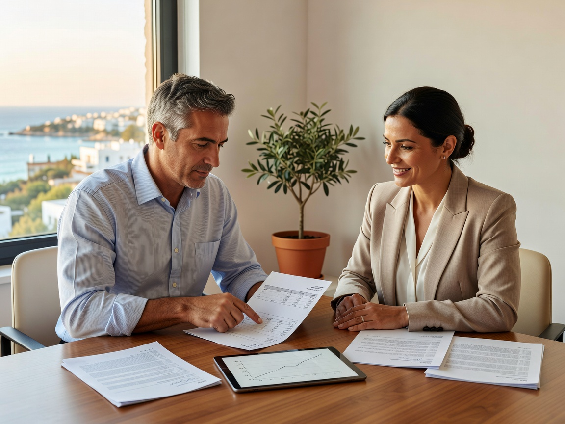 A Cyprus property owner and an accountant reviewing rental income records before filing a tax return