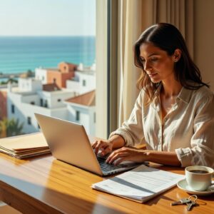 A property owner filing her Cyprus income tax return on a laptop in a sunlit Limassol apartment