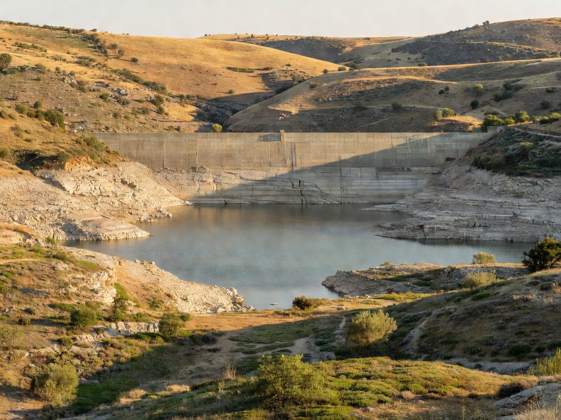 A Cyprus reservoir dam with water levels well below capacity during the drought, showing exposed rock