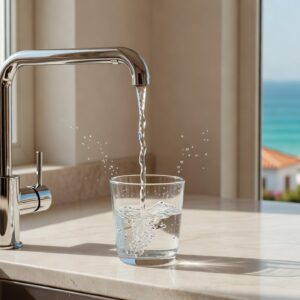 Fresh drinking water pouring from a kitchen tap into a glass in a Cyprus apartment with sea view