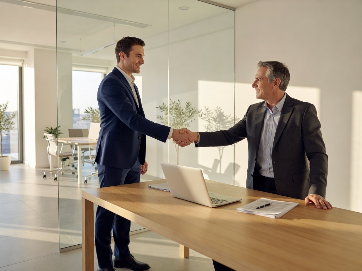 Job candidate shaking hands with a hiring manager in a bright modern Cyprus office