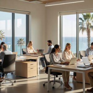 Modern open-plan office in Limassol Cyprus with international professionals working and sea views