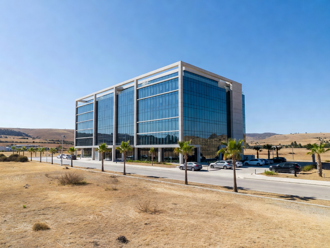 Modern seven-storey corporate headquarters office building on a wide avenue at the edge of Ypsonas, Limassol district, Cyprus