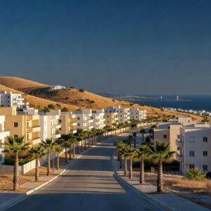 New low-rise apartment blocks on rising ground in Ypsonas, Limassol, looking south over the coastal plain to the Mediterranean