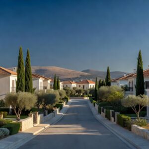Low-density residential street in Agios Athanasios, Limassol, with detached houses, olive trees and cypresses