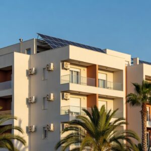 Air conditioning condenser units and rooftop solar panels on a modern Cyprus apartment building