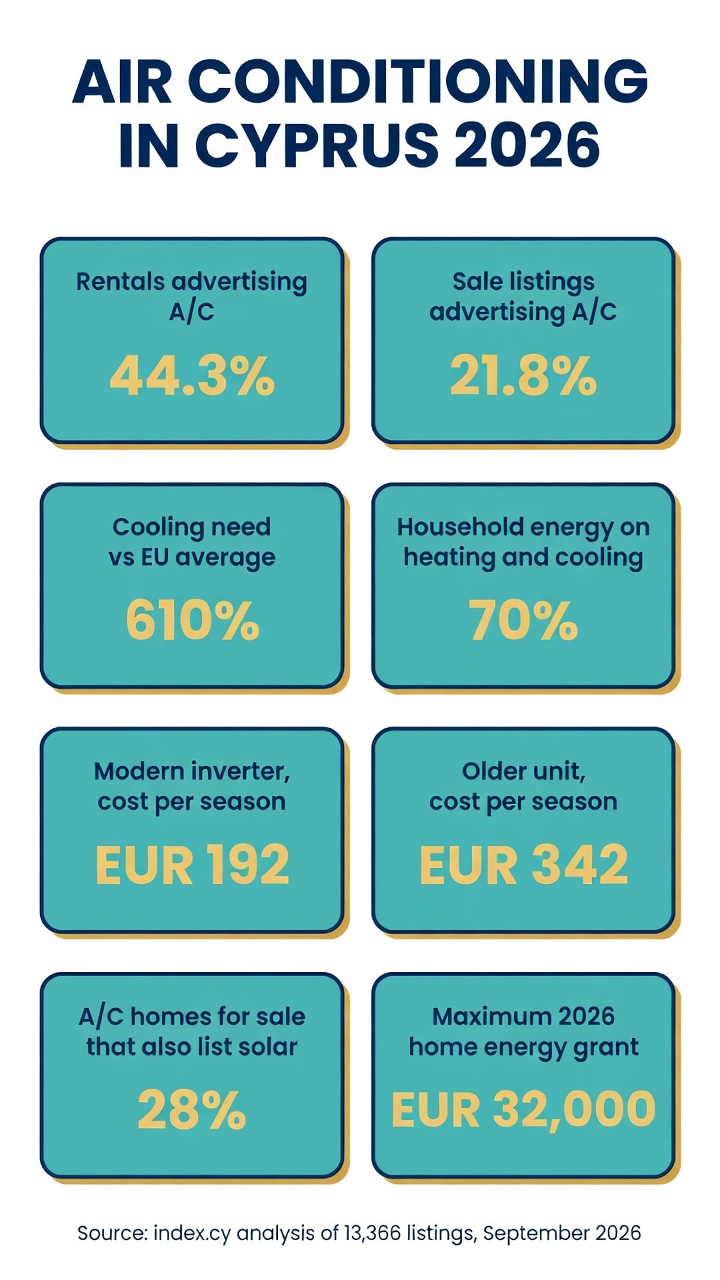 Air Conditioning in Cyprus: What It Costs to Install and Run in 2026 2 Infographic: air conditioning in Cyprus 2026 — listing penetration, running costs and grants