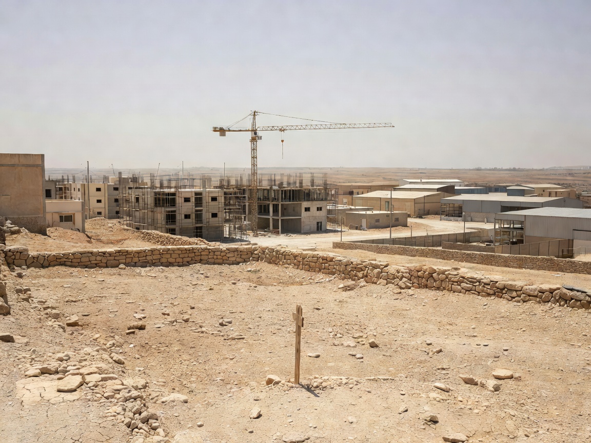 Vacant building plot on the edge of Aradippou, Larnaca, with apartment blocks under construction and light industrial units behind