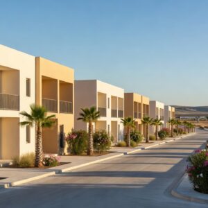 New low-rise two-bedroom apartment blocks on a wide street in Aradippou, Larnaca, with the motorway and flat inland farmland beyond