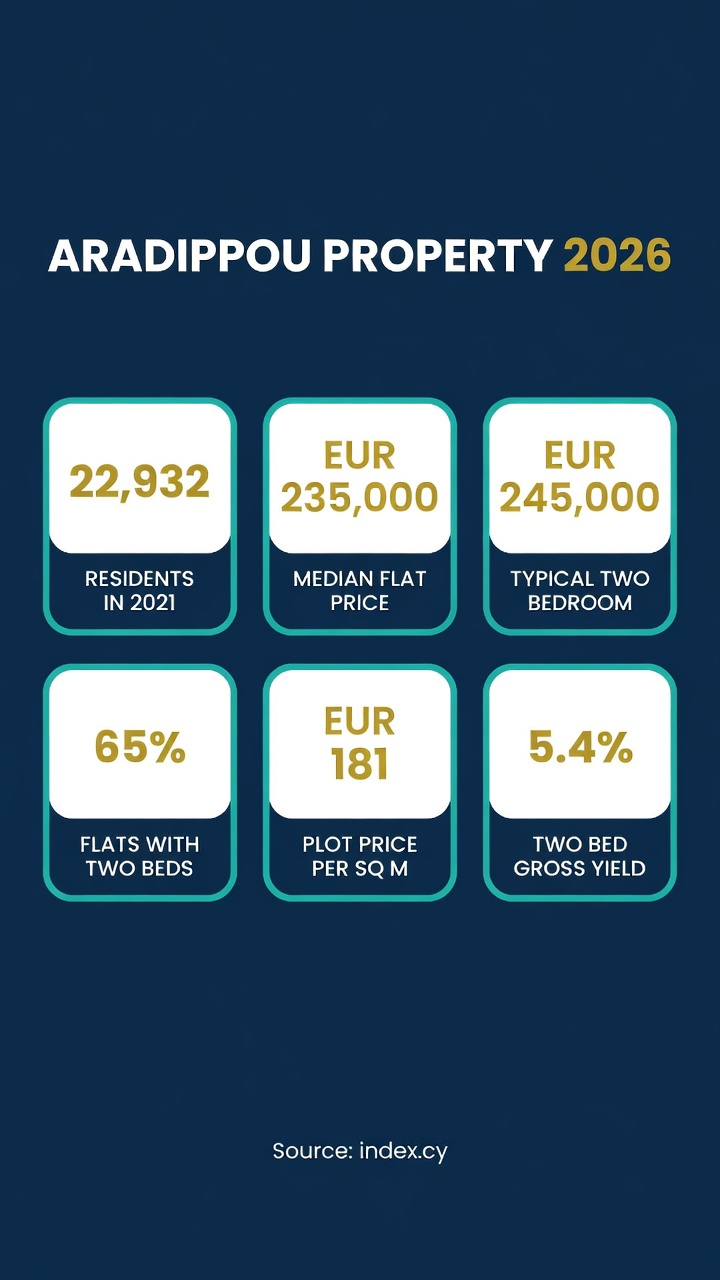 Infographic: Aradippou property 2026 in six figures &mdash; median flat price, typical two bedroom, bedroom mix, plot price per square metre and gross yield