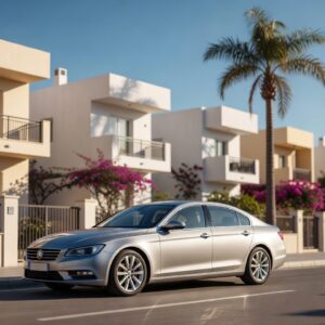 Silver saloon car parked on a sunlit residential street in Cyprus with apartment blocks and palm trees