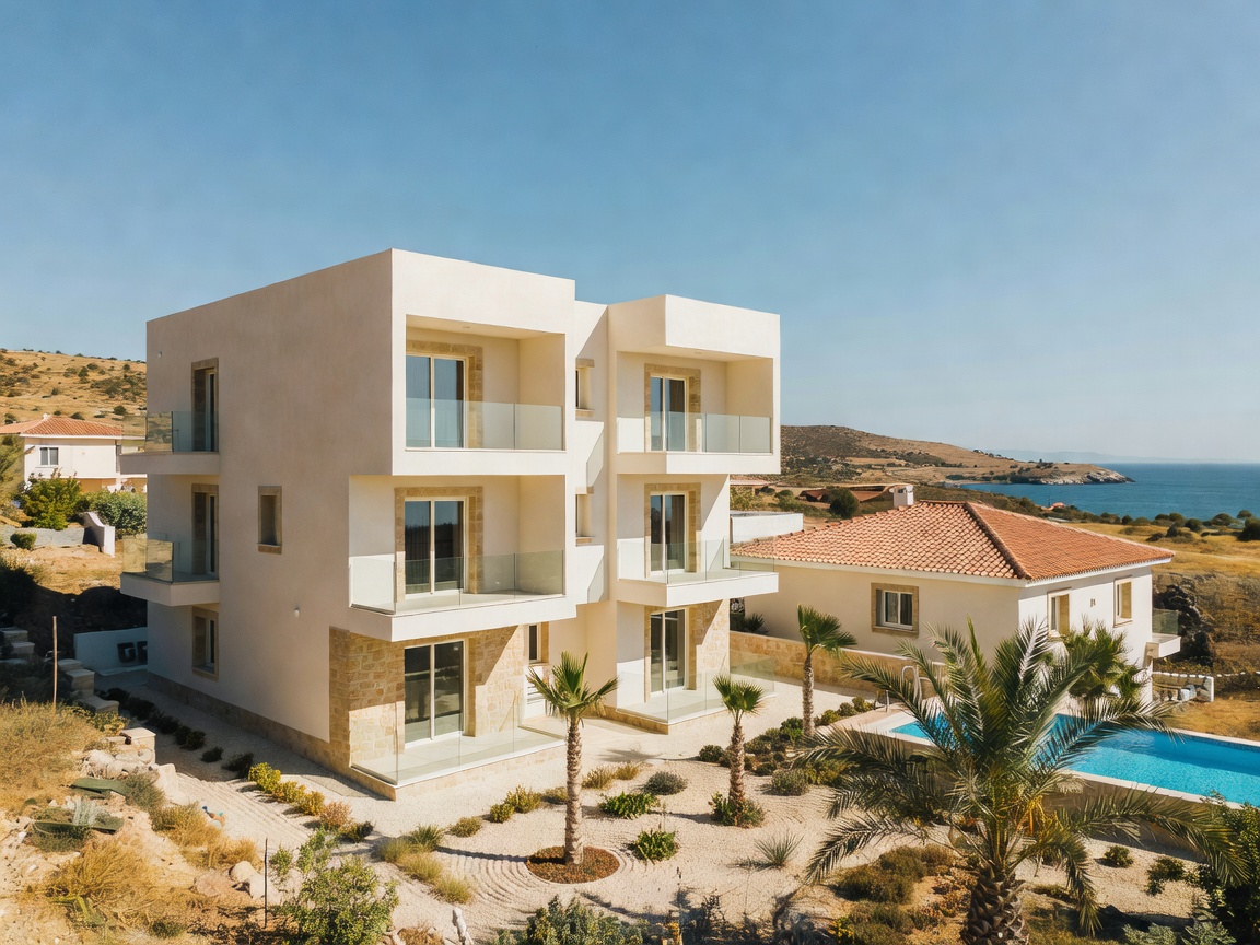 Chlorakas, Paphos: Complete 2026 Property and Area Guide 1 New low-rise apartment building beside a detached villa with a pool in Chlorakas, Paphos, illustrating the village's mixed housing stock