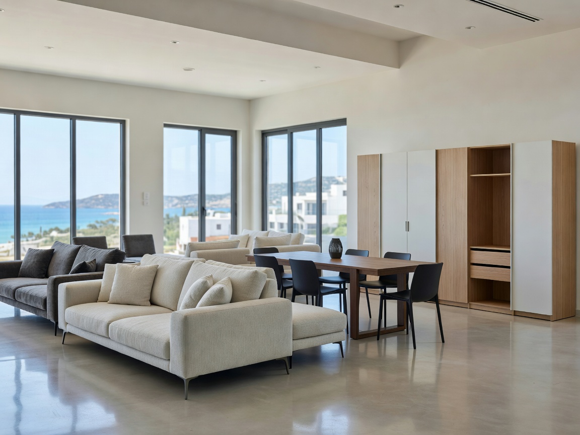 Furniture showroom floor in Cyprus with sofas and dining sets on display