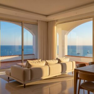 Modern furnished living room in a Cyprus apartment with sea view