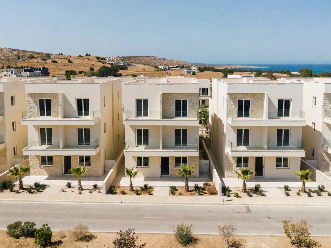 Geroskipou, Paphos: The 2026 Property and Area Guide 1 A row of near-identical newly built three-storey apartment buildings in Geroskipou, Paphos
