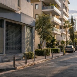 Shuttered bank branch beside modern apartment blocks on a quiet Nicosia street