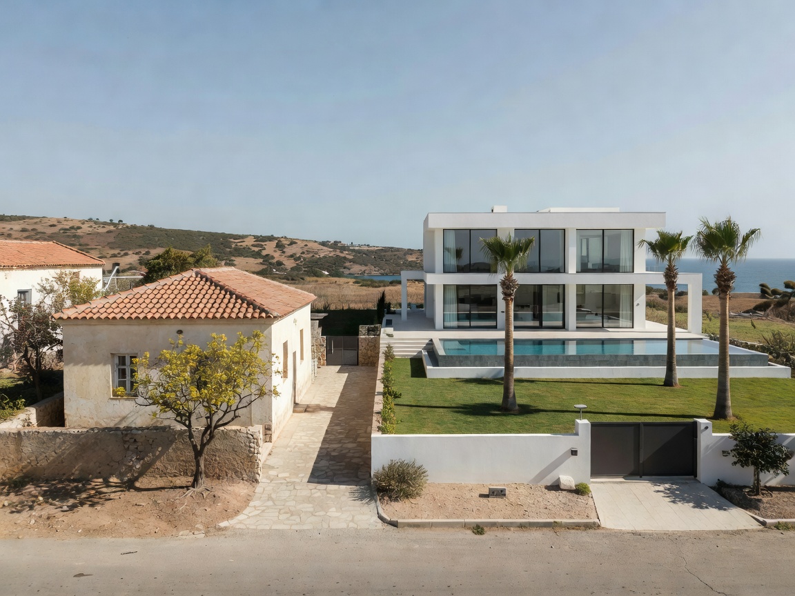 Kissonerga, Paphos: The 2026 Property and Area Guide 1 A modest older single-storey village house directly beside a large new luxury villa with an infinity pool in Kissonerga, Paphos