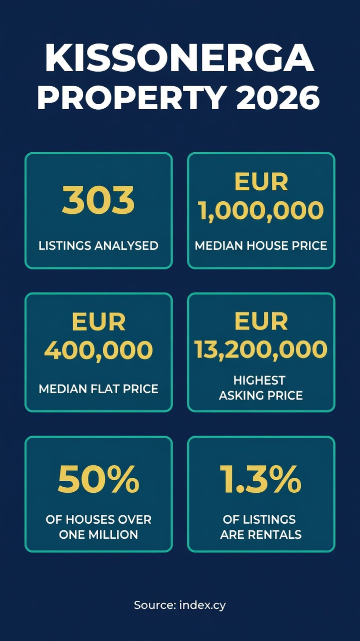 Kissonerga, Paphos: The 2026 Property and Area Guide 2 Infographic: Kissonerga property 2026 - 303 listings analysed, median house price EUR 1,000,000, median flat price EUR 400,000, highest asking price EUR 13,200,000, 50% of houses over one million, 1.3% of listings are rentals