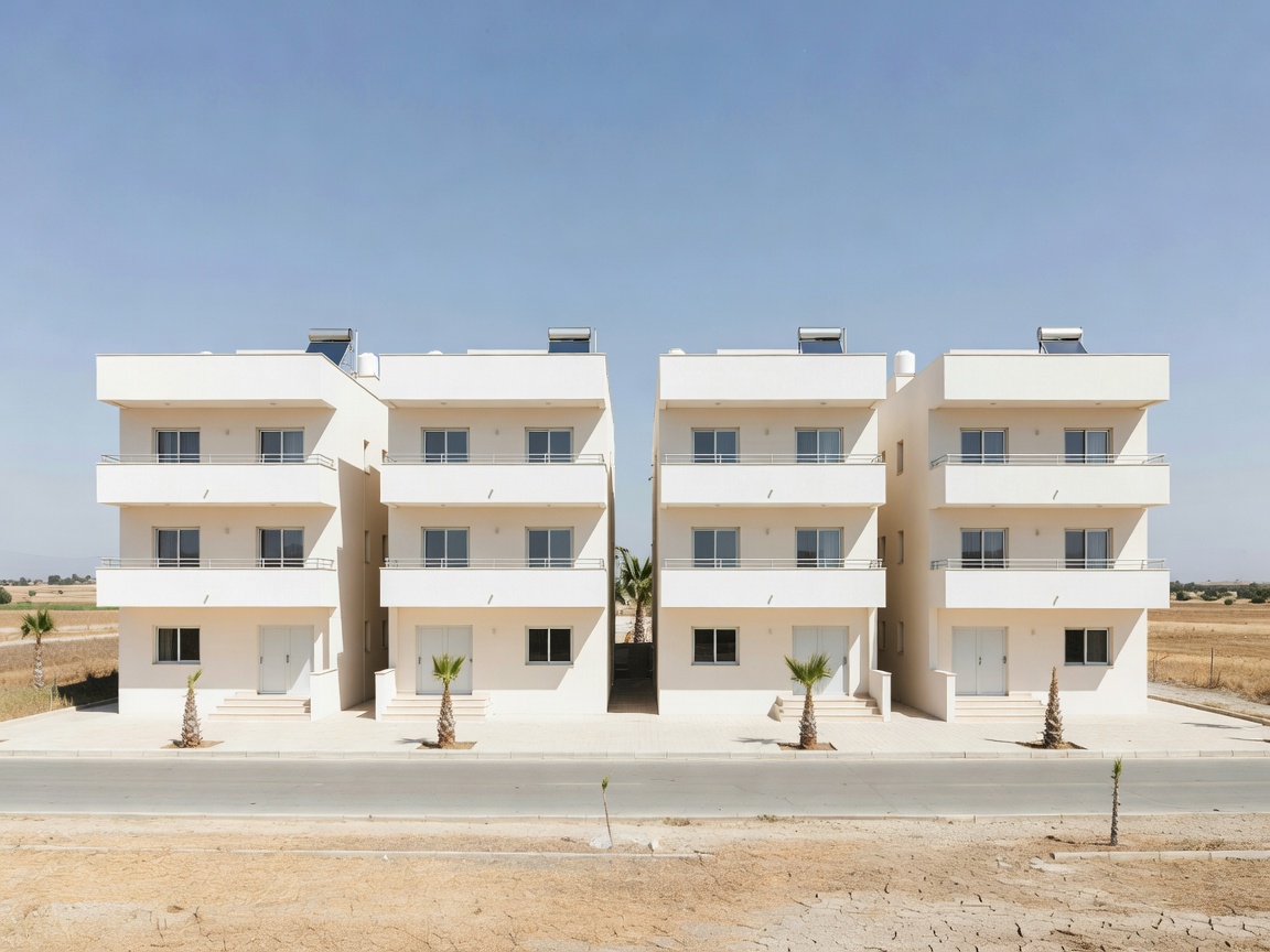 A row of near-identical apartment blocks in Kiti, Larnaca