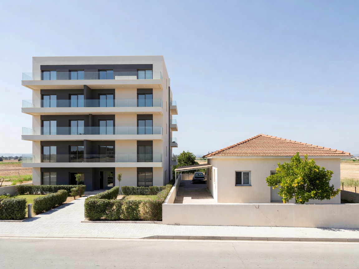 A new five-storey apartment building next to a plain older single-storey house in Livadia, Larnaca