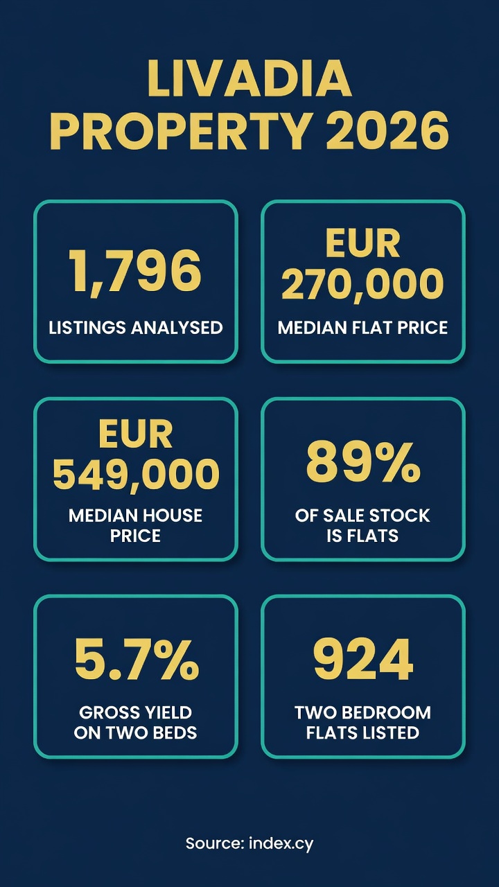 Infographic: Livadia property market 2026 — 1,796 listings analysed, median flat 270,000 euro, median house 549,000 euro, 89% of sale stock flats, 5.7% gross yield on two-beds, 924 two-bedroom flats listed