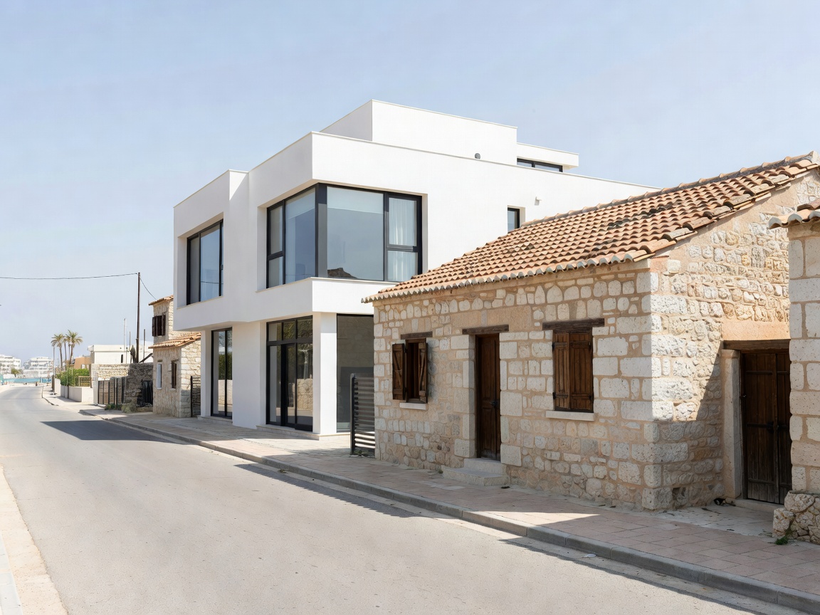 Modern and traditional homes on a residential street in Meneou, Larnaca district, Cyprus