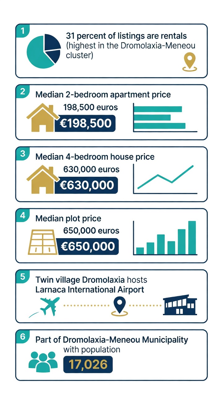 Infographic showing Meneou Larnaca property market data: rental share, median prices, and municipality population
