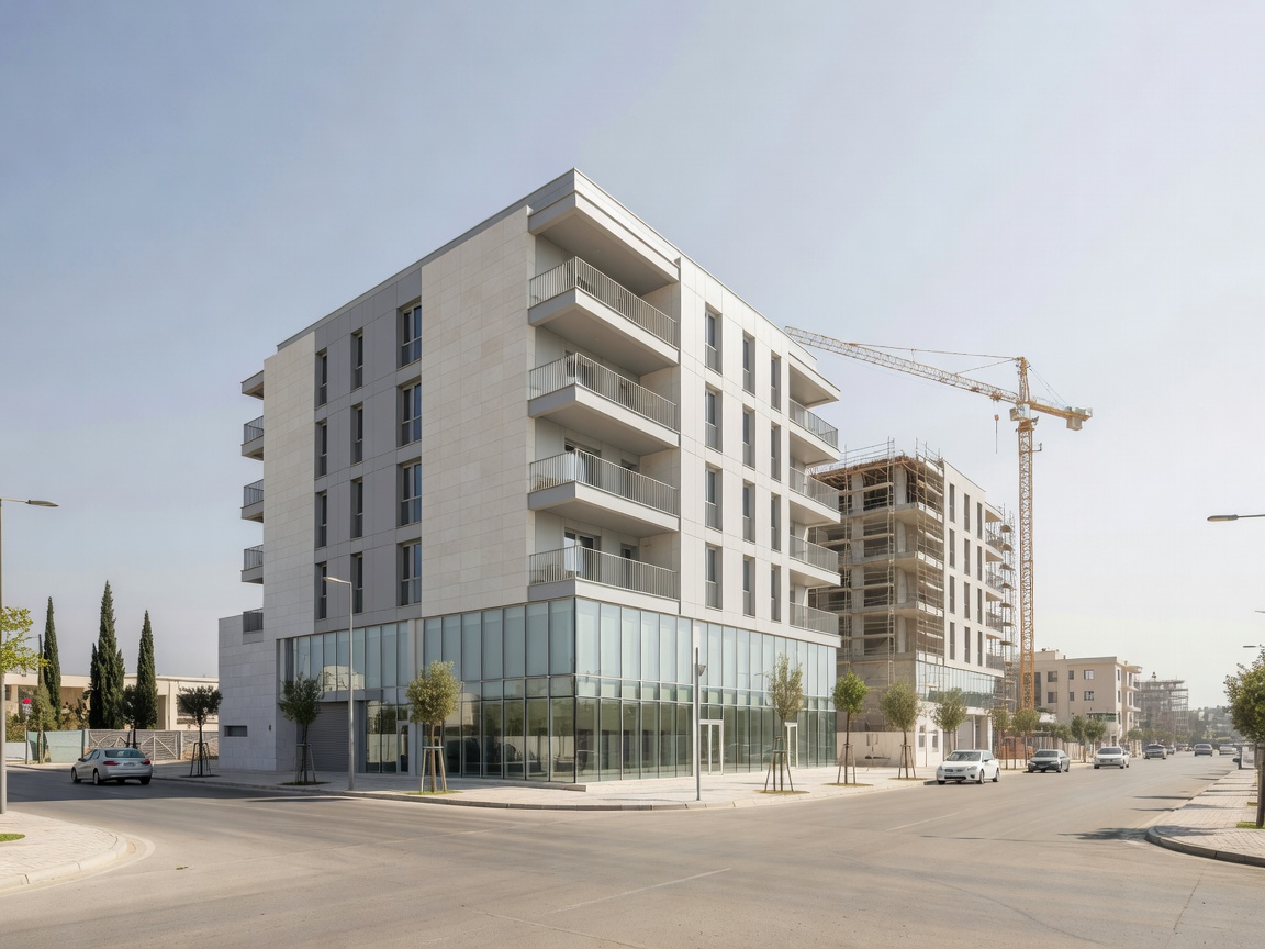 Mixed-use building in Mesa Geitonia, Limassol, with ground floor offices below apartments and a second block under construction