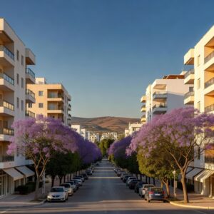 Tree-lined avenue of mid-rise apartment blocks with jacaranda trees in Mesa Geitonia, Limassol, with low hills beyond