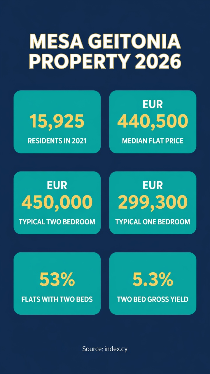Infographic: Mesa Geitonia property 2026 in six figures, population, median flat price, one and two bedroom prices, bedroom mix and gross yield