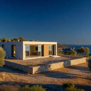 Modern prefab house in Cyprus on a hillside building plot with sea view