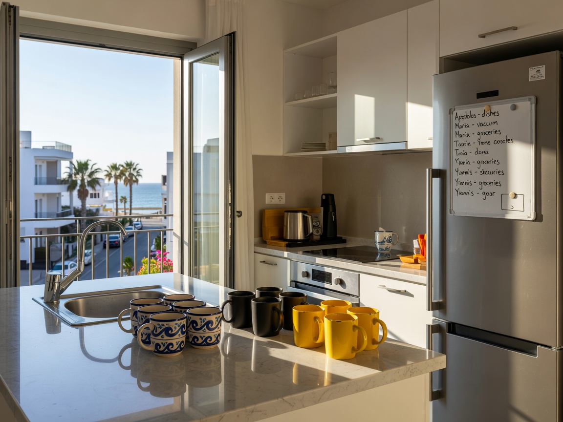 Room for Rent in Cyprus: What Sharing Actually Costs in 2026 2 Shared kitchen in a Cyprus flat share with a chore rota on the fridge