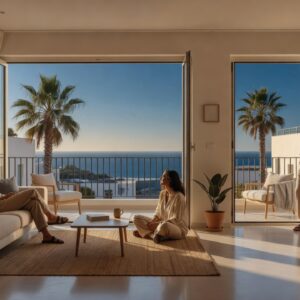 Three flatmates relaxing in the living room of a shared apartment in Limassol, Cyprus