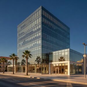 Modern glass office tower with ground-floor retail units on a Limassol business boulevard, Cyprus