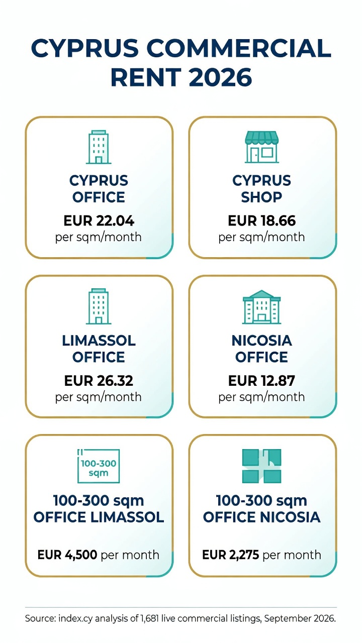 Infographic showing Cyprus office and shop rent per square metre per month by district, September 2026