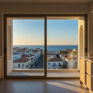 Compact one-bedroom apartment interior in Limassol with kitchenette and sea view balcony