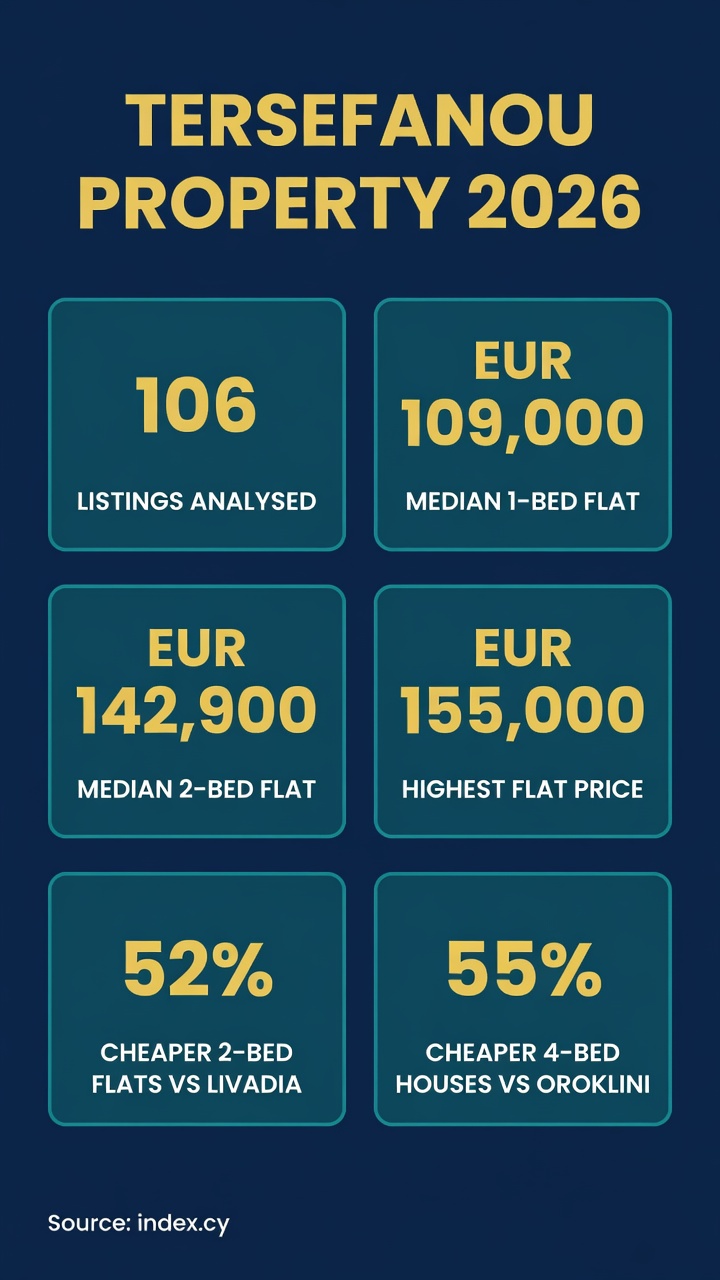 Tersefanou, Cyprus: What 106 Property Listings Reveal About Prices 2 Infographic: Tersefanou property market 2026 — 106 listings analysed, median 1-bed flat 109,000 euro, median 2-bed flat 142,900 euro, highest flat price 155,000 euro, 52% cheaper 2-bed flats vs Livadia, 55% cheaper 4-bed houses vs Oroklini