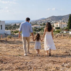Family walking across a vacant building plot with new homes in the background in Cyprus