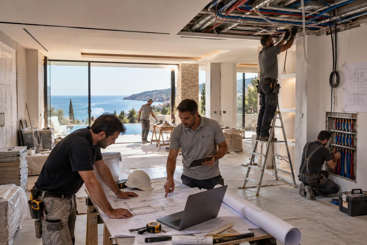 Builders and engineers working inside a villa under construction with a sea view