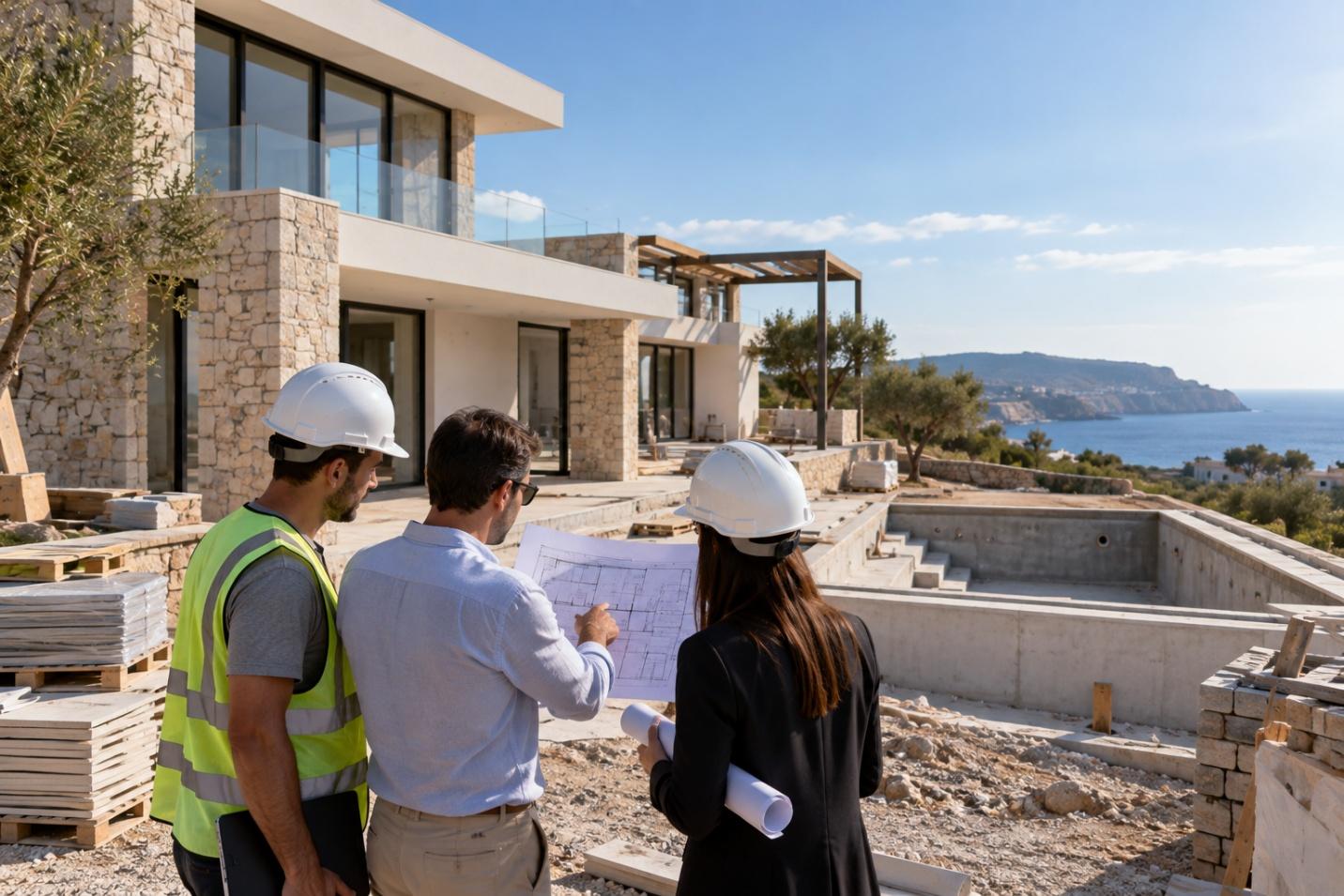 Architect, engineer and client reviewing villa drawings on a site in Limassol