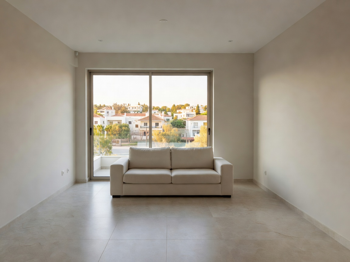 Bright two-bedroom apartment living room with balcony in a Nicosia suburb in Cyprus