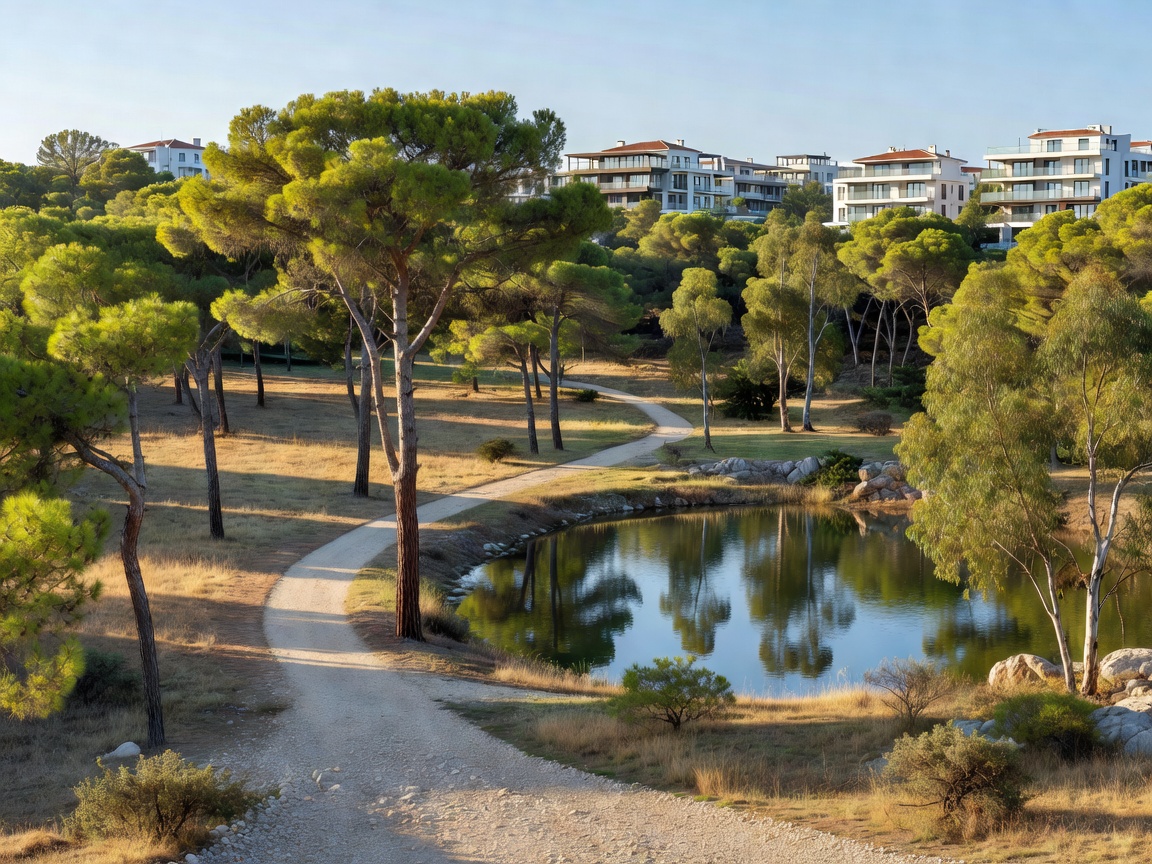 Aglantzia, Nicosia: What 319 Listings Reveal About Prices 1 Pine trees, a walking path and a small pond beside modern apartment buildings in Aglantzia, Nicosia, Cyprus