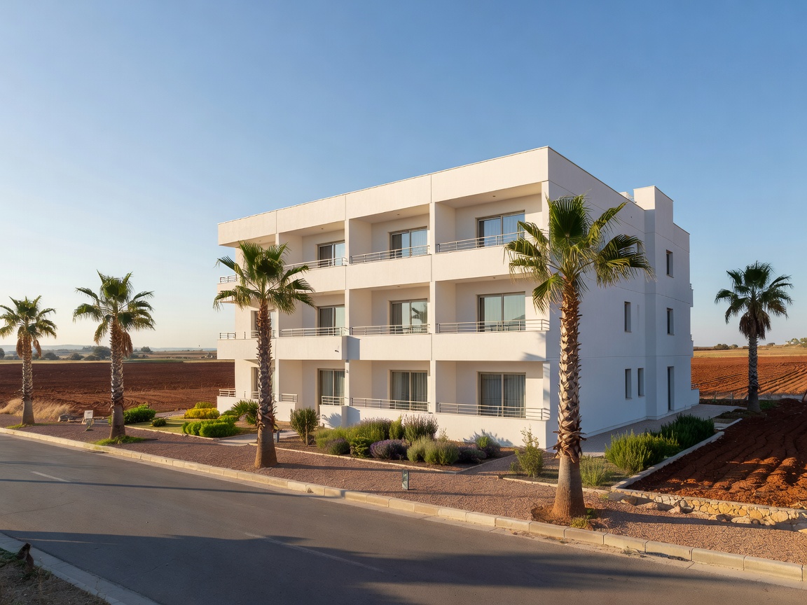 Deryneia, Cyprus: What 57 Property Listings Reveal About Prices 1 Modern three-storey apartment building with palm trees beside red-soil farmland in eastern Cyprus