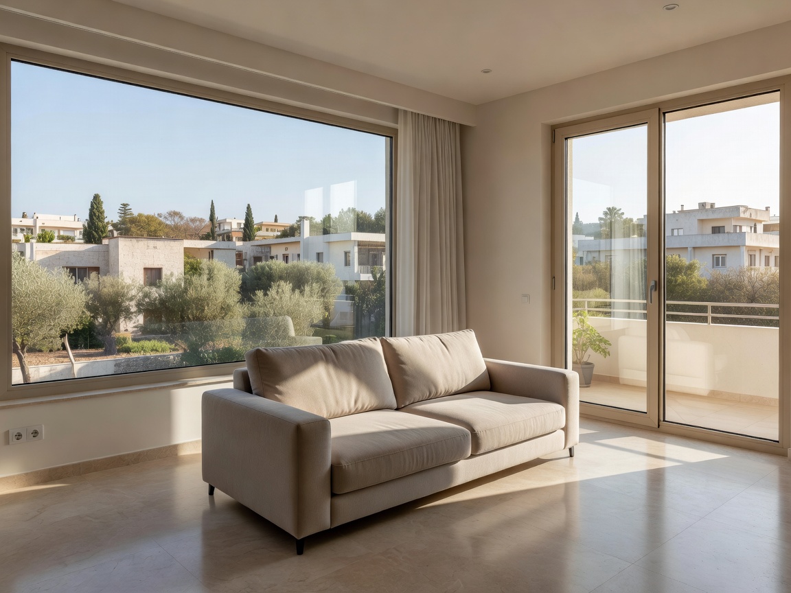 Lakatamia, Nicosia: What 246 Listings Reveal About Prices 1 Bright two-bedroom apartment living room with balcony view over a Nicosia suburb in Cyprus