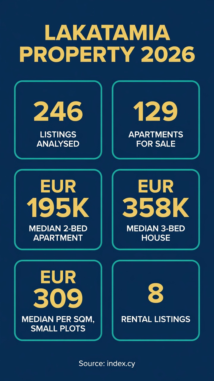Lakatamia, Nicosia: What 246 Listings Reveal About Prices 2 Infographic: Lakatamia property market 2026 - 246 listings, 129 apartments, EUR195K median 2-bed, EUR358K median 3-bed house, EUR309 per sqm small plots, 8 rentals