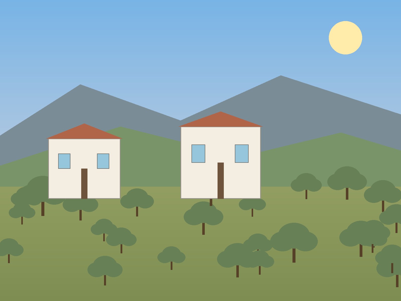 Village houses surrounded by olive trees with hills behind, representing Lythrodontas in Nicosia District, Cyprus