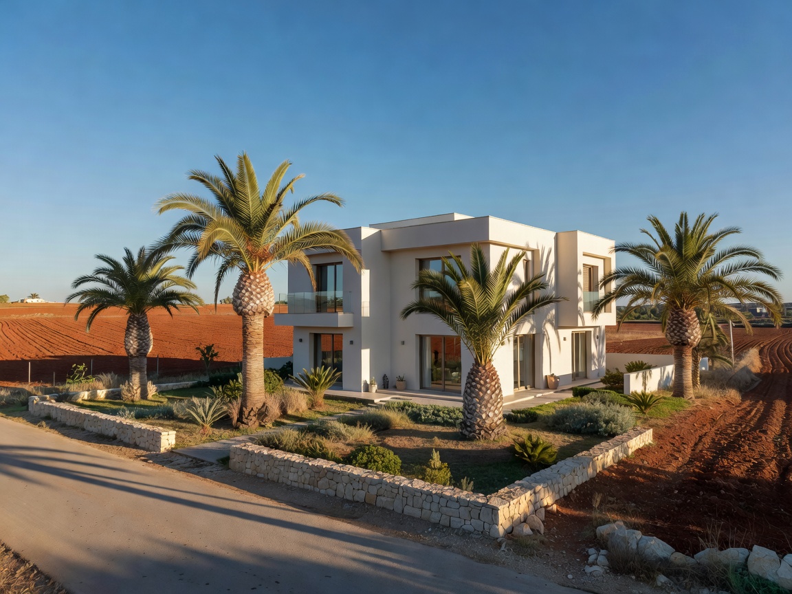 Detached villa with a small garden on a quiet street in eastern Cyprus with red farmland behind